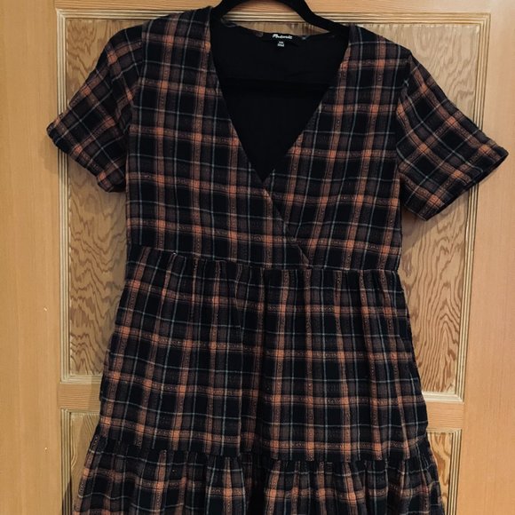 NWT Madewell Plaid Faux-Wrap Short-Sleeve Tiered Mini Dress, Sz XXS - Picture 3 of 3